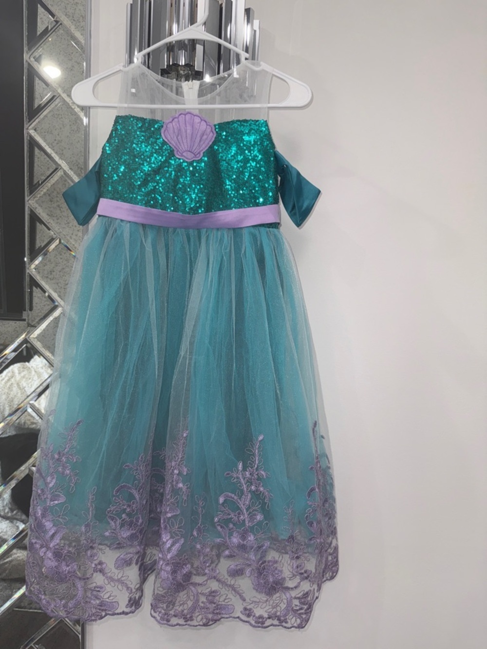 Teal and Purple Sequin tulle Mermaid Dress with lace and off shoulder sleeves